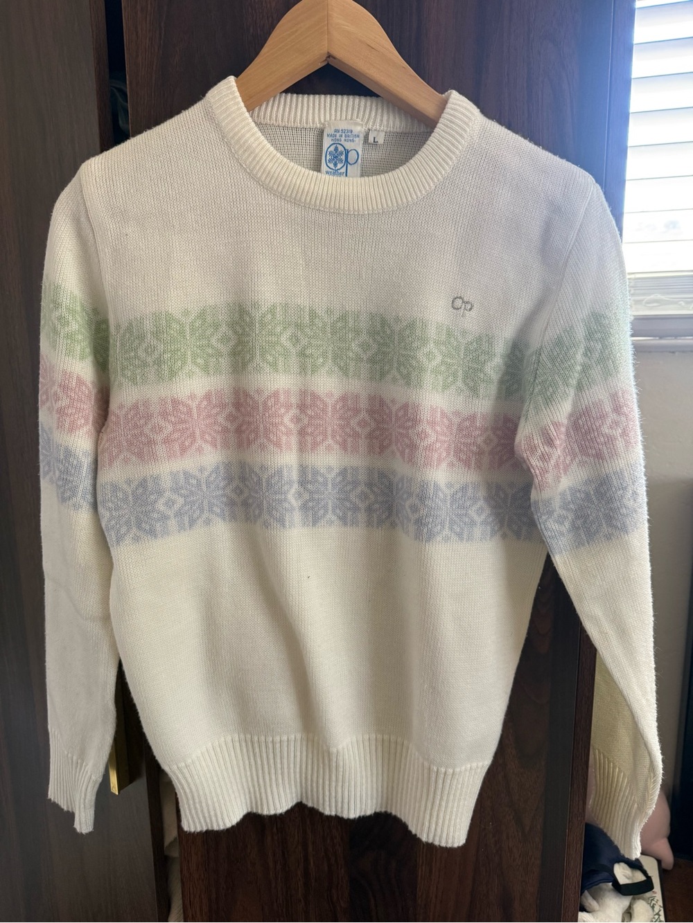 Cream Crewneck Sweater with Pastel Stripe Pattern